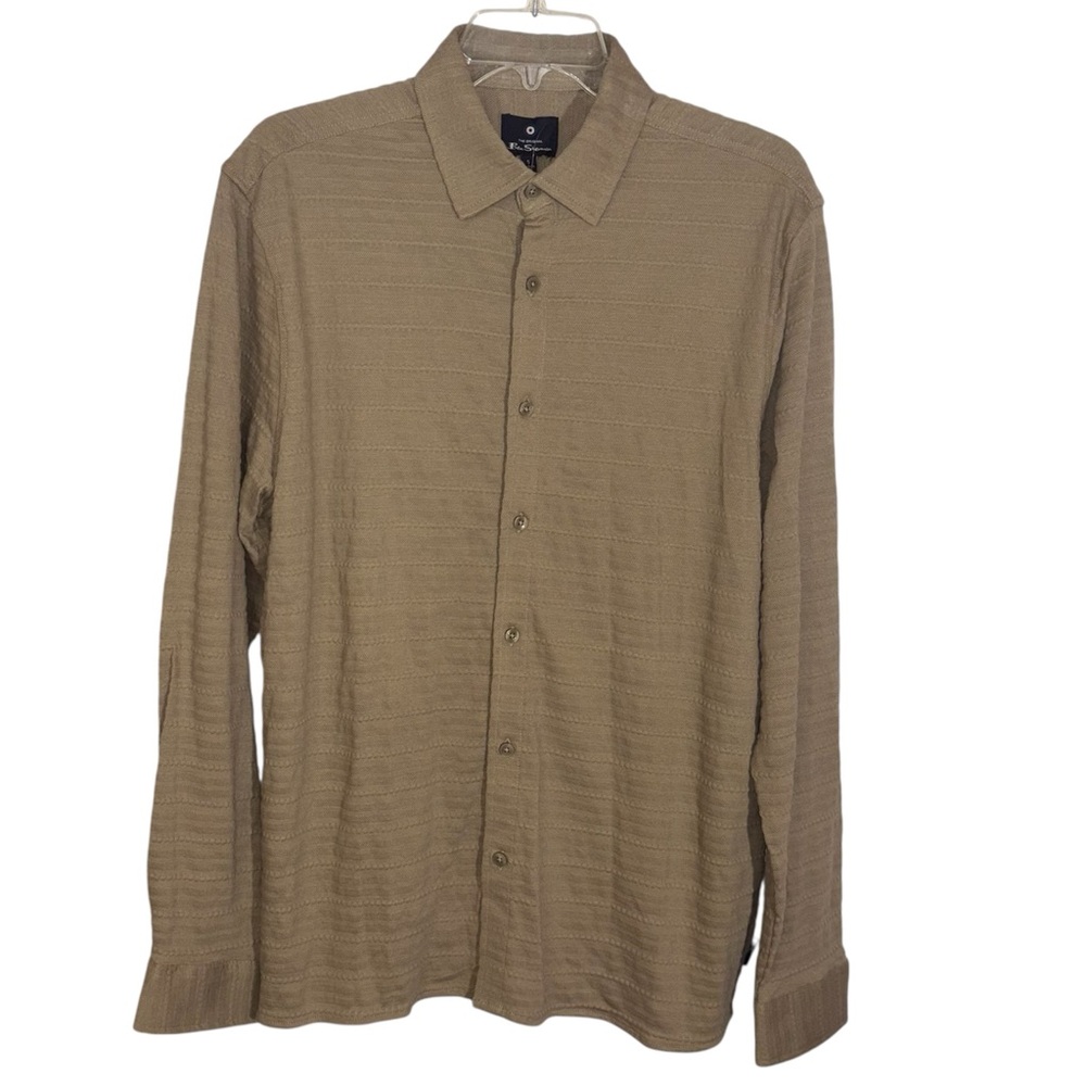 Ben Sherman Button Down Shirt Long Sleeve Cotton Textured Knit Beige Men’s Small